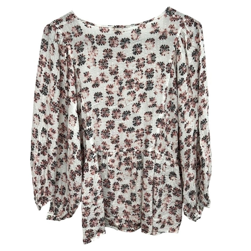 Floral Button Blouse M White Rayon Long Sleeve Lightweight Feminine Top Cottage‎